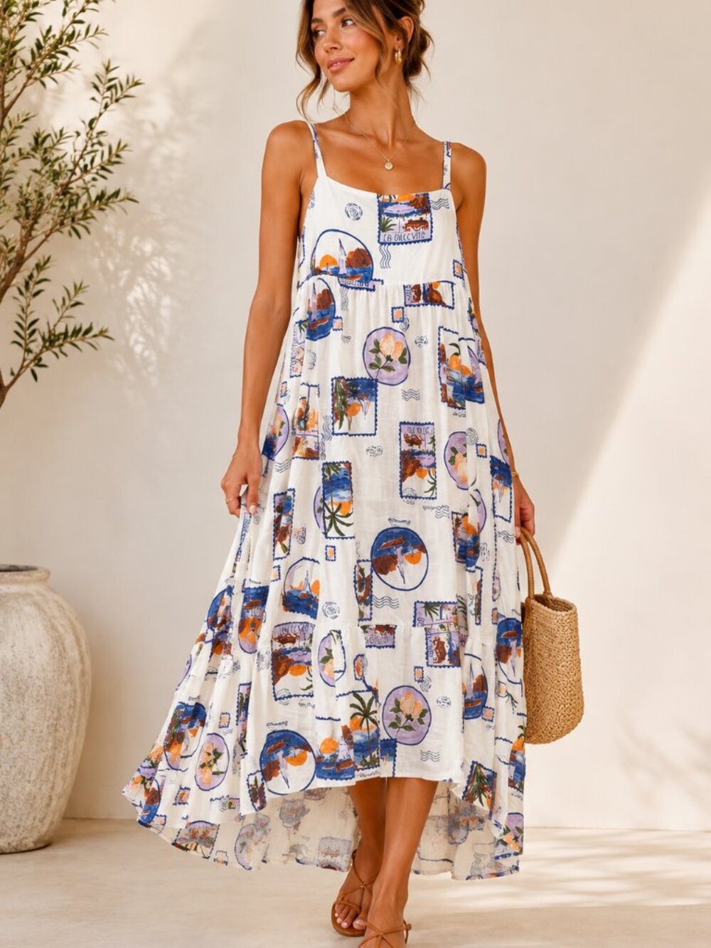 Anthropologie Paper Heart Linen Blend La Dolce Vita Postcard Dress L